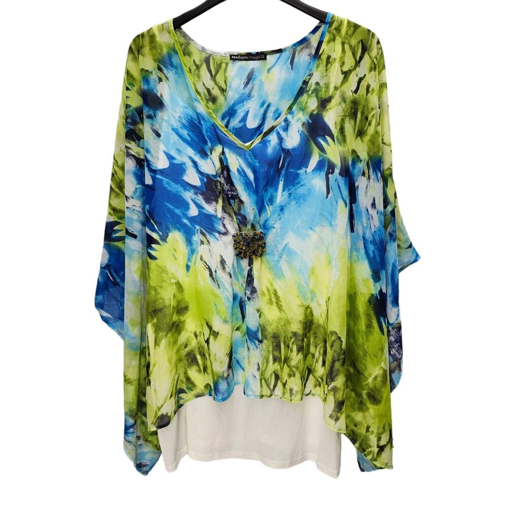 Madison Paige II Kaftan Style Top Beige Tank Womens 3X Blue Green Stones Boho